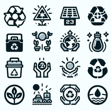 Siyah çizgili ve gri renkli ekolojik dost ve sürdürülebilirlik vektör simgeleri. Düz ve basit envaromental temalı siyah ve gri simgeler. Terfi, dekorasyon ve UI için izole kullanım.