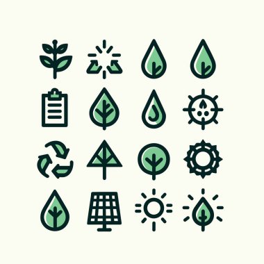 Krema arka planında ekoloji ve sürdürülebilirlik simgeleri. Siyah çizgili ve yeşil renkli düz ve basit tasarım simgeleri. İzole eşyalar. Vektör çizimi. Terfi, dekorasyon ve UI için kullan.