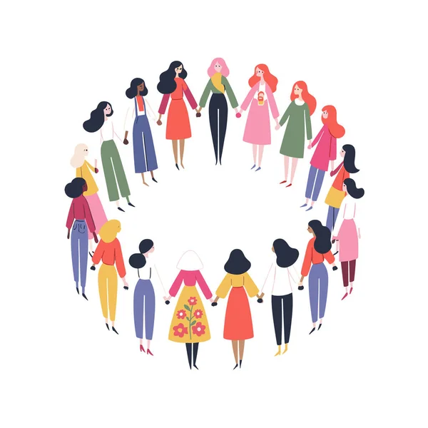 Illustration of women from all over the world coming together. International Woman\'s day figures illustration in simple design and pastel colors Use for promotion, decoration, print and card.