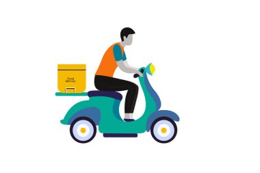 Yiyecek teslimatçısı scooter kuryesi beyaz arka planda izole edilmiş.