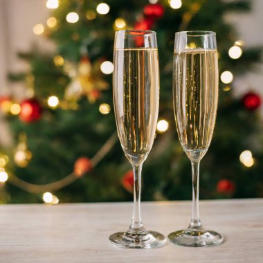 Yeni yıl arifesinde iki bardak şampanya Noel 'i kutluyor ve kış tatilini kutluyoruz. Yüksek kalite fotoğraf