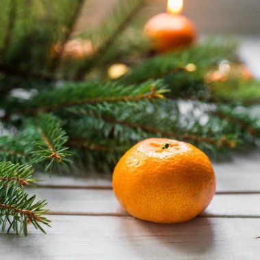 Mandarin köknar dalları arka planda zencefilli Noel minimalizmi çerçeve topları. Yüksek kalite fotoğraf