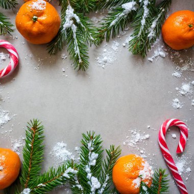 Mandarin köknar dalları arka planda zencefilli Noel minimalizmi çerçeve topları. Yüksek kalite fotoğraf