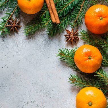 Mandarin köknar dalları arka planda zencefilli Noel minimalizmi çerçeve topları. Yüksek kalite fotoğraf