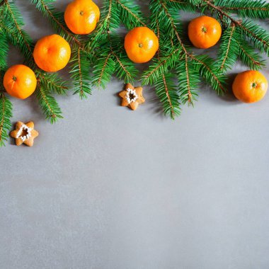Mandarin köknar dalları arka planda zencefilli Noel minimalizmi çerçeve topları. Yüksek kalite fotoğraf