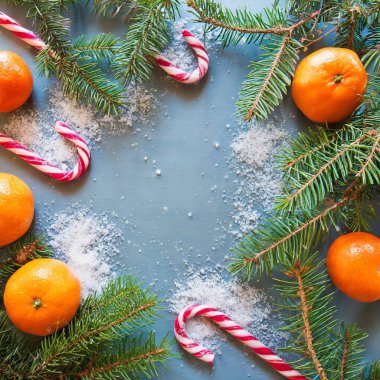 Mandarin köknar dalları arka planda zencefilli Noel minimalizmi çerçeve topları. Yüksek kalite fotoğraf