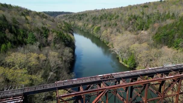 Abandoned Train Bridge Trestle Drone Shot Foreboding Railroad Trestle Precariously — Stock Video