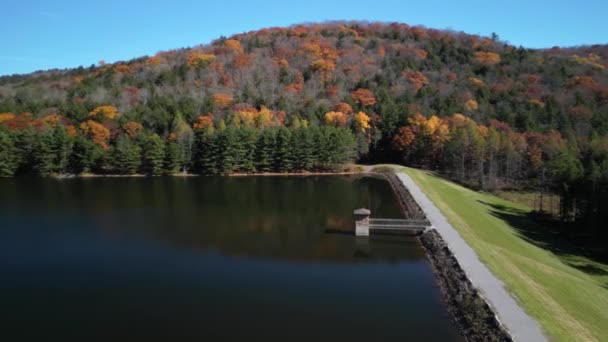 Drone Flight Colorful Foliage Serene Wilderness Pristine Mountain Reservoir — Stock Video