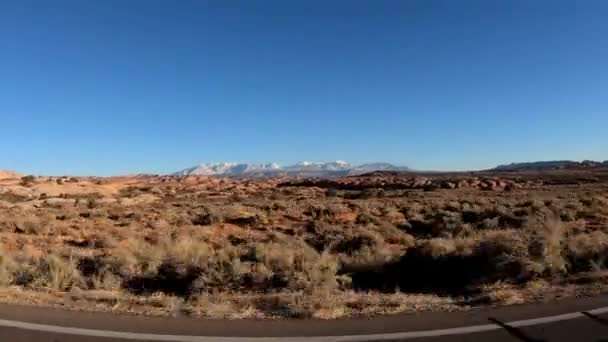 Side View Lasal Mountain Rage While Driving Arches National Park — Stock Video
