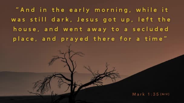 一个遥远而安静的场景 以及马可福音1 35中的圣经诗句 在黎明时分 马可福音1 35揭示耶稣在孤独的祷告中 这是一个光辉的榜样 在寂静的黎明 呼唤我们寻求神的引导 — 图库视频影像