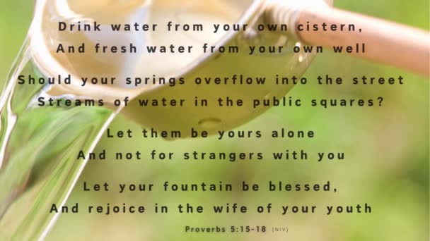 純粋な水が注がれ 聖書の詩5 18は 神聖な泉としての結婚の親密さを描写し 忠実さ 契約内の喜びを思い出させる — ストック動画
