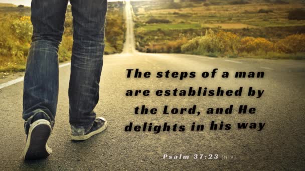 Person Walking Long Road Bible Verse Psalm Steps Good Man — Stock Video