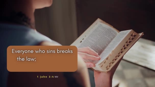 Uma Mulher Lendo Escrituras Bíblicas Seguinte Versículo Sendo Exibido João — Vídeo de Stock