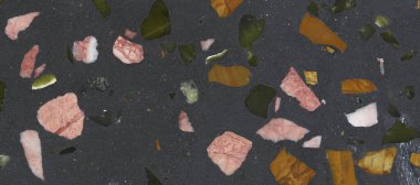 Koyu terrazzo döşemesi pürüzsüz, mozaik zeminin doğal taşlarla, granitle, mermerle, kuvarsla gerçekçi bir görüntüsü var..