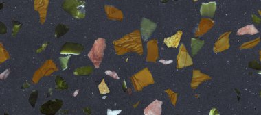 Terrazzo mermer döşemeli taş duvar dokusu soyut beyaz gri arkaplan. Beton yüzeyde renkli terrazzo döşeme, mimari iç tasarım deseni, duvar kağıdı ev dekorasyonu.