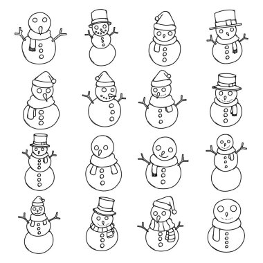 Snowman Doodle vektör simgesi ayarlandı. Çizim çizimi el çizimi çizimi çizimi.