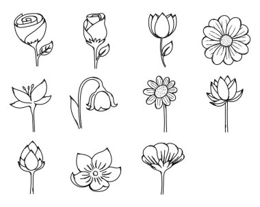 Flower Doodle vector icon set. Drawing sketch illustration hand drawn line.