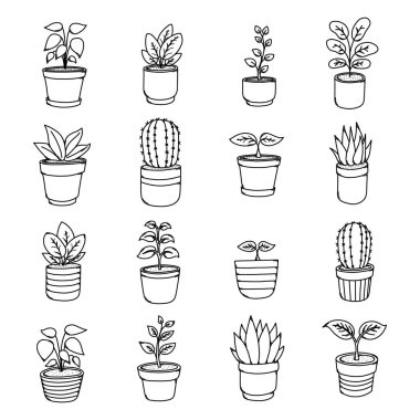 Potted Plant Doodle vector icon set. Drawing sketch illustration hand drawn line.