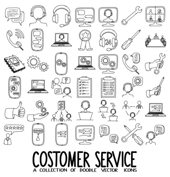 Набір Векторних Значків Служби Підтримки Клієнтів Doodle Малюнок Ескізу Ілюстрація Ліцензійні Стокові Вектори