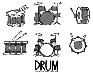 Drum Doodle vektör simgesi ayarlandı. Çizim çizimi el çizimi çizimi çizimi.