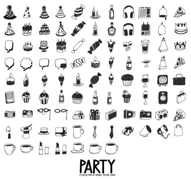 Parti ilişkili Doodle vektör simgesi ayarlandı. Çizim çizimi el çizimi çizimi çizimi.