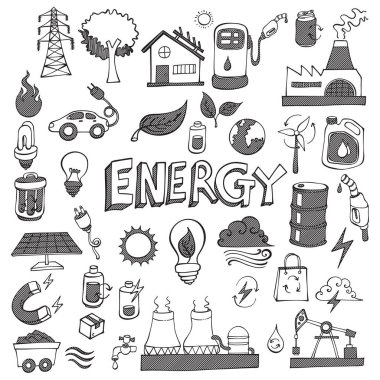 Ekolojiyle ilişkili Doodle vektör seti. Çizim çizimi el çizimi çizimi çizimi.