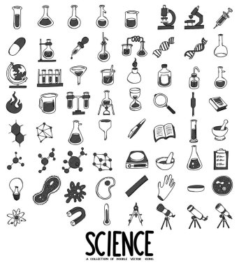 Bilimle İlişkili Doodle vektör simgesi seti. Çizim çizimi el çizimi çizimi çizimi.