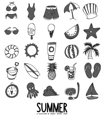 Yaz ilişkili Doodle vektör simgesi seti. Çizim çizimi el çizimi çizimi çizimi.