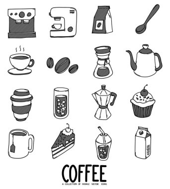 Kahve İlgili Doodle vektör simgesi seti. Çizim çizimi el çizimi çizimi çizimi.