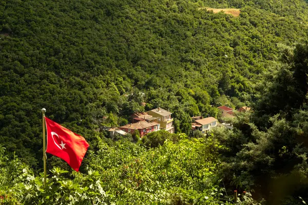 Köy Yeşil Ormanda Dalgalanan Türk Bayrağıyla