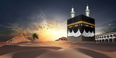 Hac mabroor, hac mubrak macca, kaba, haram, Arapça, yaratıcı tasarım 3D illüstrasyon