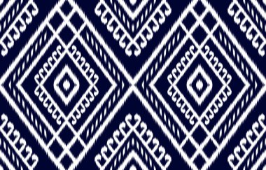 Kumaş ikat sanatı. Geometrik etnik düzen kabilesel olarak kusursuz. Amerikan, Meksika tarzı. Arkaplan, duvar kağıdı, illüstrasyon, kumaş, giysi, halı, tekstil, batik, nakış için tasarım.