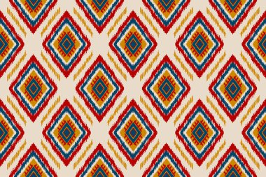 Kumaş Hint tarzı. Kabiledeki etnik Ikat deseni kusursuz. Arkaplan, duvar kağıdı, illüstrasyon, kumaş, giysi, halı, tekstil, batik ve nakış için tasarım.