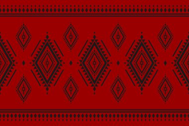 Aztek halısı kırmızı desenli sanat eseri. Geometrik etnik düzen kabilesel olarak kusursuz. Amerikan ve Meksika tarzı. Arkaplan tasarımı, Vektör illüstrasyonu, kumaş, giysi, halı, batik, nakış.