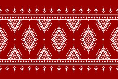 Aztek halısı kırmızı desenli sanat eseri. Geometrik etnik düzen kabilesel olarak kusursuz. Amerikan ve Meksika tarzı. Arkaplan tasarımı, Vektör illüstrasyonu, kumaş, giysi, halı, batik, nakış.