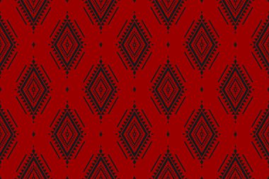 Kumaş, kırmızı desenli sanat. Kabilesel olarak geometrik, pürüzsüz desen. Amerikan ve Meksika tarzı. Arkaplan tasarımı, Vektör illüstrasyonu, kumaş, giysi, halı, batik, nakış.