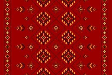 Aztek halısı kırmızı desenli sanat eseri. Geometrik etnik düzen kabilesel olarak kusursuz. Amerikan ve Meksika tarzı. Arkaplan, illüstrasyon, kumaş, giysi, halı, batik, nakış için tasarım.