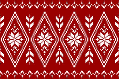 Geometrik etnik kalıplar geleneksel. Kırmızı halı çiçek süslemesi. Amerikan, Meksika tarzı. Arkaplan, duvar kağıdı, illüstrasyon, kumaş, giysi, tekstil, batik, nakış için tasarım.