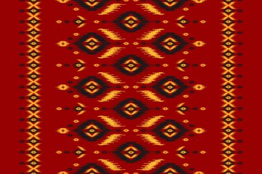 Halı kırmızı desenli sanat. Geometrik etnik örgü, kabilesel düzende kusursuz desen. Amerikan ve Meksika tarzı. Arkaplan, illüstrasyon, kumaş, giysi, halı, batik, nakış için tasarım.