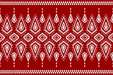 Geleneksel etnik faktörler. Halı kabilesi tarzı. Aztek süsü izi. Kırmızı arka plan. İllüstrasyon, kumaş, giysi, halı, tekstil, batik, nakış için tasarım.