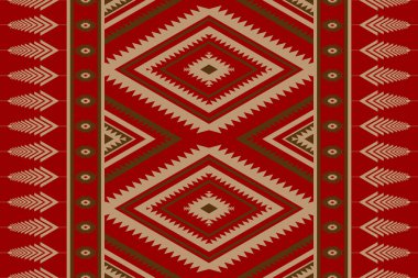 Geometrik etnik kalıplar geleneksel. Kırmızı halı kabilesi tarzı. Amerikan, Meksika tarzı. Arkaplan, duvar kağıdı, illüstrasyon, kumaş, giysi, tekstil, batik, nakış için tasarım.