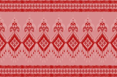 Kırmızı kabile tarzı kumaş deseni. Etnik ve pürüzsüz bir düzen. Aztek süsü izi. Arkaplan, illüstrasyon, halı, giysi, halı, tekstil, batik, nakış için tasarım.