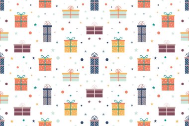 Noel desensiz beyaz arka plan. Şirin hediye kutuları. Kutlama festivali. Vektör illüstrasyon, kumaş, ambalaj, hediye, kağıt, tebrik kartları için tasarım.