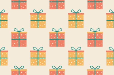 Noel festivali için hediye kutuları. Güzel, pürüzsüz bir desen. Kutlama festivali. Vektör illüstrasyon, kumaş, ambalaj, hediye, kağıt, tebrik kartları için tasarım.