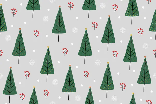 Gri bir arka planda, kusursuz bir Noel deseni. Şirin Noel ağacı çizimi el çizimi. Kutlama festivali. Vektör illüstrasyon, kumaş, ambalaj, hediye, kağıt, tebrik kartları için tasarım.