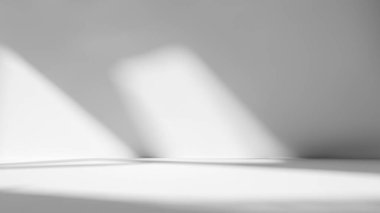 Window Shadows ve Sunlight ile Soyut Beyaz Stüdyo Sunumu. Bulanık Arkaplan. Kopyalama Alanı Olan Boş Oda.