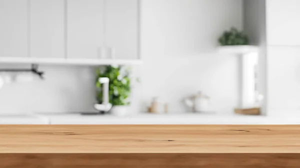 Empty beautiful wood table top counter and blur bokeh modern kitchen interior background in clean and bright, ready for product montage