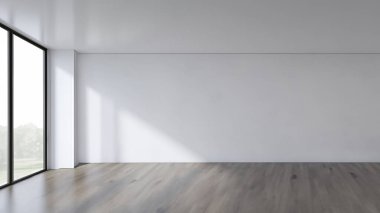 Geniş Pencereli ve Ahşap Döşemeli Parlak Güneş Işıklı Oda