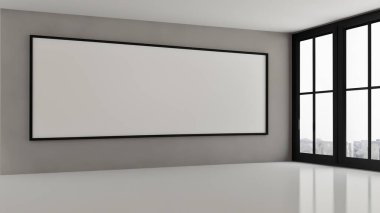 Geniş Pencereli Çerçeveli Boş Tuvalli Çatı Tarzı Odası Model Yapımı İçin Duvarda