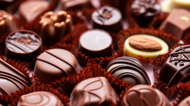 Kırmızı ambalajlı ve farklı şekillerde çeşitli Praline çikolataları.